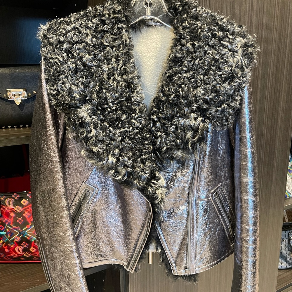 Neiman Marcus Metallic Shearling Jacket with Kalgan Lamb Collar silver/leather